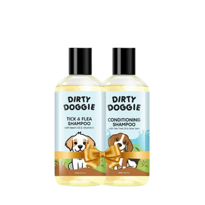 Dirty Doggie Combo: Conditioning Shampoo + Tick & Flea Shampoo (300 ml Buy1Get1 FREE) | Neem, Vitamin E & Coat Repair